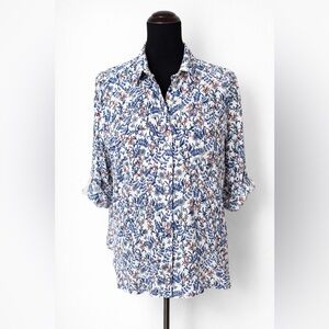 LOFT Petite Large Floral Button Down Blouse Tab Sleeve Lightweight